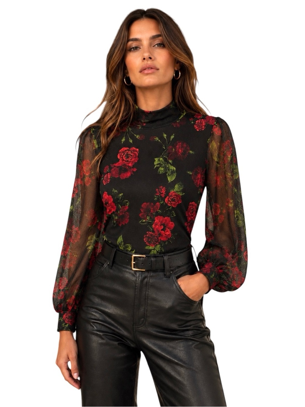 Ember Black Floral Mock Neck Bodysuit | Sheer Blouson Sleeves Romantic Red Roses